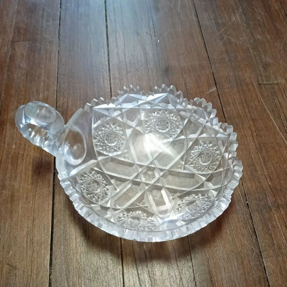 Antique 1890s-1910s Am Brilliant Cut Glass Dish w/ Sawtooth Rim and Loop Handle